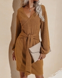 Womens Casual Fashion Long Sleeve Bag Hip V Neck Tie Solid Color Dressdresses