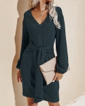 Womens Casual Fashion Long Sleeve Bag Hip V Neck Tie Solid Color Dressdresses