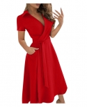 لربيع وصيف أزياء مكتب Ruched فستان بأكمام طويلة رقبة على شكل V أحمر أسود أزرق حقيبة الورك فستان ملابس نسائية لـ W