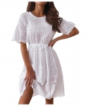 White Casual Solid Cotton Hollow Out Summer Dress Women Ruffled High Waist A Line Office Lady Dress  Fashion Woman Dress