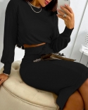 Elegant Hollow Out Sets Women Fashion Solid Color Long Sleeve Bag Hip Bandage Dress Tight Fitting Chic Office Lady Dress