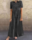 فستان من قماش الدنيم للنساء غير رسمي بأكمام قصيرة وياقة مقلوبة وجيوب وأزرار وقميص طويل فستان أنيق بأزرار من الدنيم D