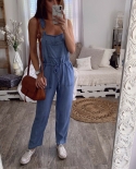 Summer Womens New One Piece Denim Jumpsuits Baggy Backless Overalls Denim Jeans Bib Trousers Drawstring Long Pants Dung