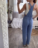 Summer Womens New One Piece Denim Jumpsuits Baggy Backless Overalls Denim Jeans Bib Trousers Drawstring Long Pants Dung