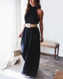 New Womens Elegant Sleeveless Belted  Party Jumpsuits  Backless Thin Solid High Wasit Wide Leg Trousers Tunic Office Su