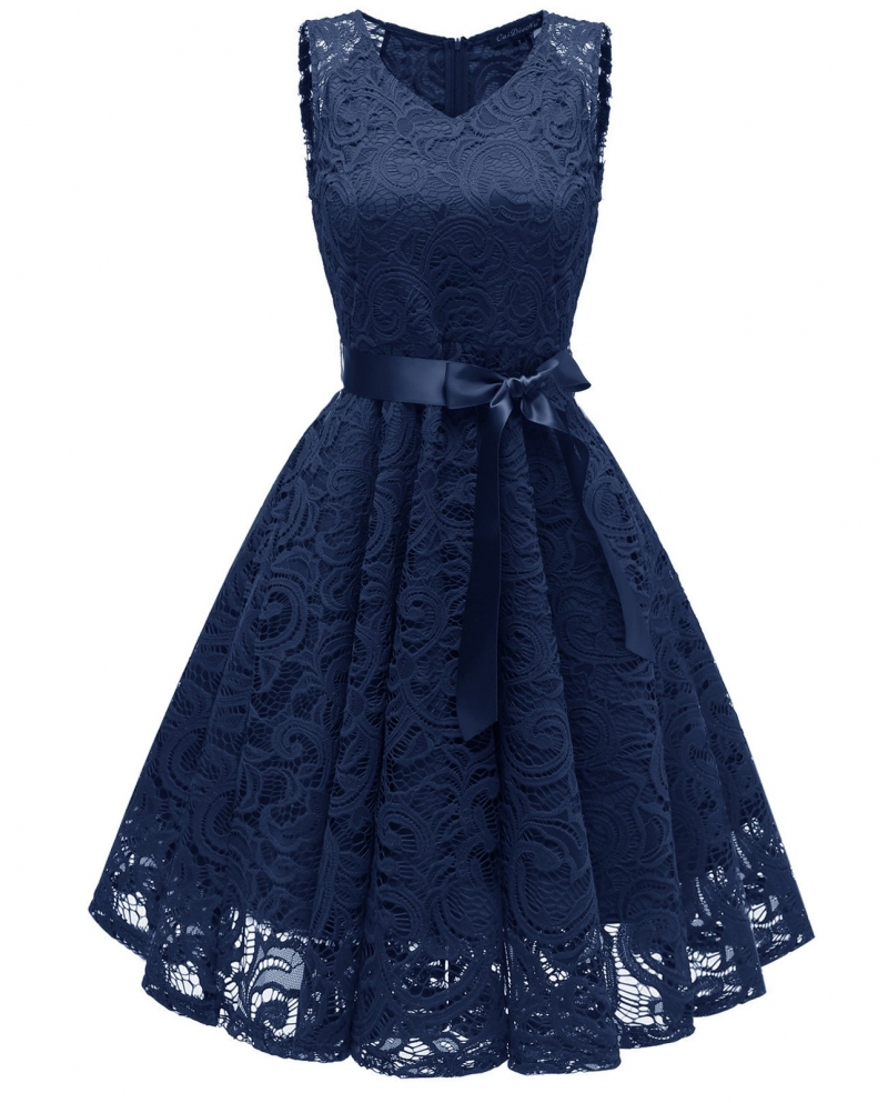 Elegant Formal Wedding Guest Midi Dresses For Women Floral Lace Embroidery Femme Solid Color Sleeveless Party Dress Swin