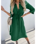 Fashion Elegant Commuting Vneck Shirt Dress  Solid Color Ruched Green Dresses Office Ladies Elegant Straight Long Dress 