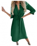 Fashion Elegant Commuting Vneck Shirt Dress  Solid Color Ruched Green Dresses Office Ladies Elegant Straight Long Dress 