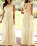 Women Elegant Lace Applique Bridesmaid Dresses  Backless Ruched Wedding Guest Party Dress Slim Floorlength Maxi Dress  D