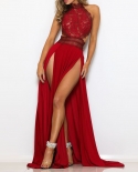 فستان نسائي طويل من الدانتيل باللون الأحمر للحفلات المسائية بخصر عالٍ بدون ظهر بدون أكمام بفتحة عالية فستان ماكسي صيفي رداء Vest