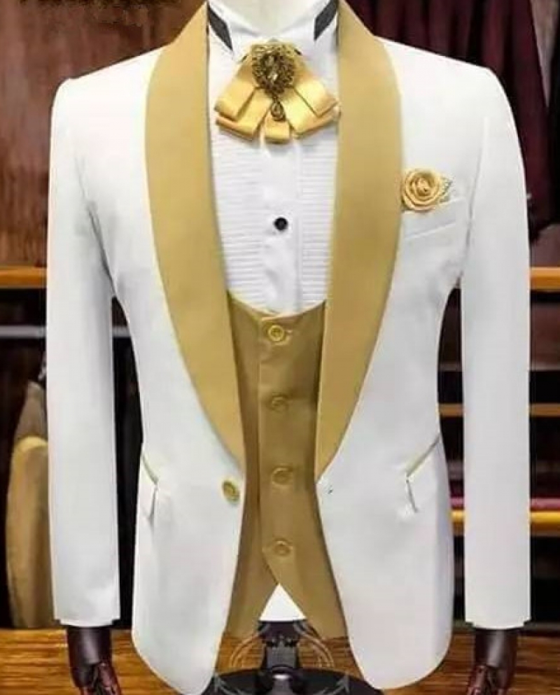 الأكثر مبيعًا بدلة بيضاء للرجال من 3 قطع مع طية صدر ذهبية اللون لحفلات الزفاف والعريس والحفلات الراقصة للرجال سترة للرجال jacke