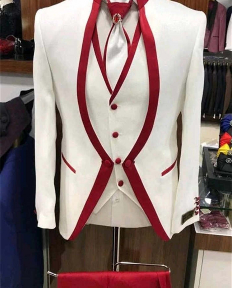 أبيض أحمر حافة مرحلة الملابس للرجال طقم بدلة رجالي بدل زفاف زي العريس سهرة رسمية jacketpantsvesttie بدلة