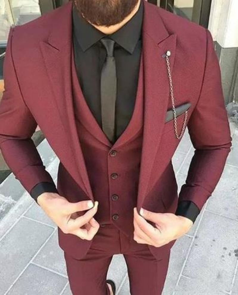 مخصص النبيذ الأحمر سليم صالح الزفاف بدلة رجالي بدلة حفلة موسيقية 3 قطع jacketpantvest بدلات العريس الرجال الدعاوى