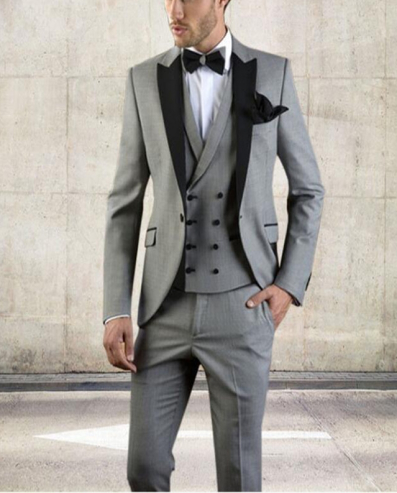 blazerpantsvest 2022 بدلة رجالية رمادية سترة ضيقة مع سهرة سوداء مصنوعة حسب الطلب بدلة زفاف العريس زي H