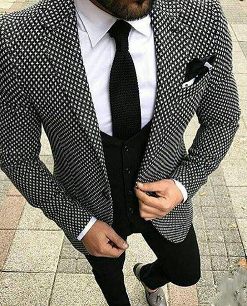 3 Peças Houndstooth One Button Jaqueta Masculina Slim Fit Noivo Smoking Tailor Made Formal Vestido Casual Terno coatcoat
