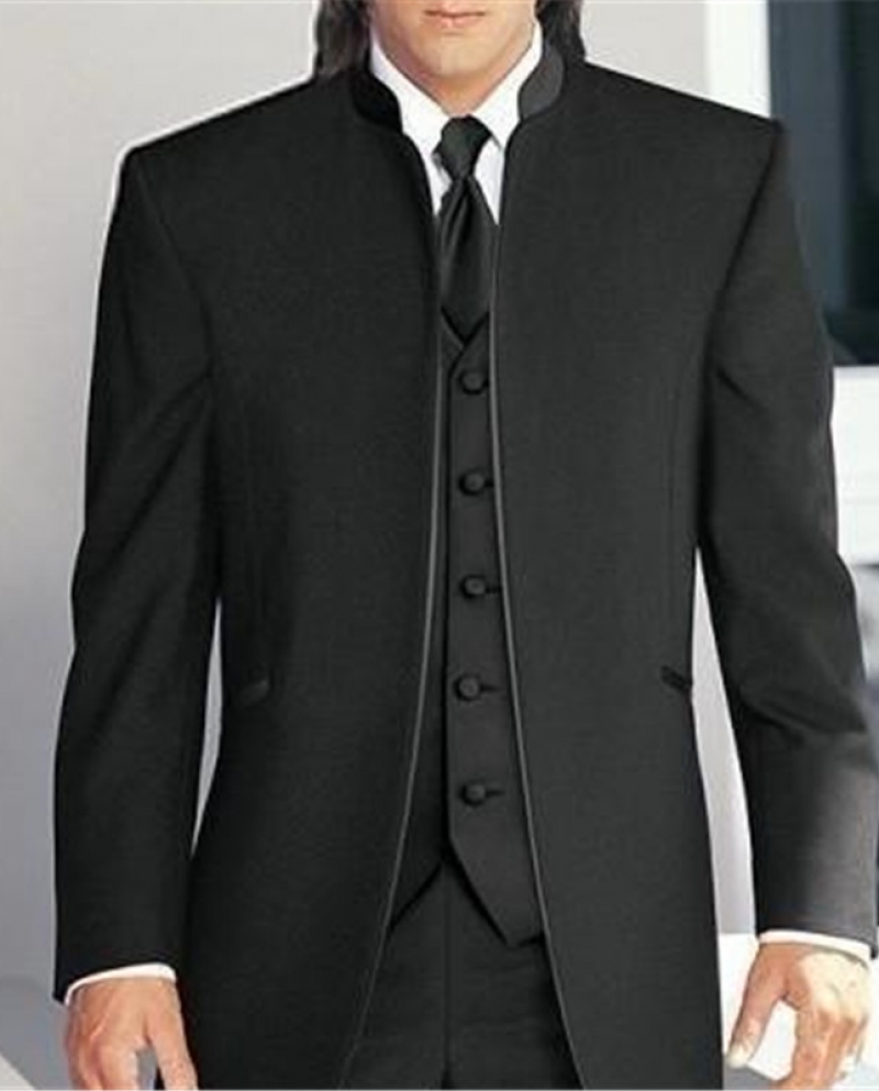 2022 جديد أسود الوقوف طوق الرجال بدلات الزفاف 3 قطع jacketpantsvesttie مخصص العريس البدلات الرسمية أفضل رجل الزفاف