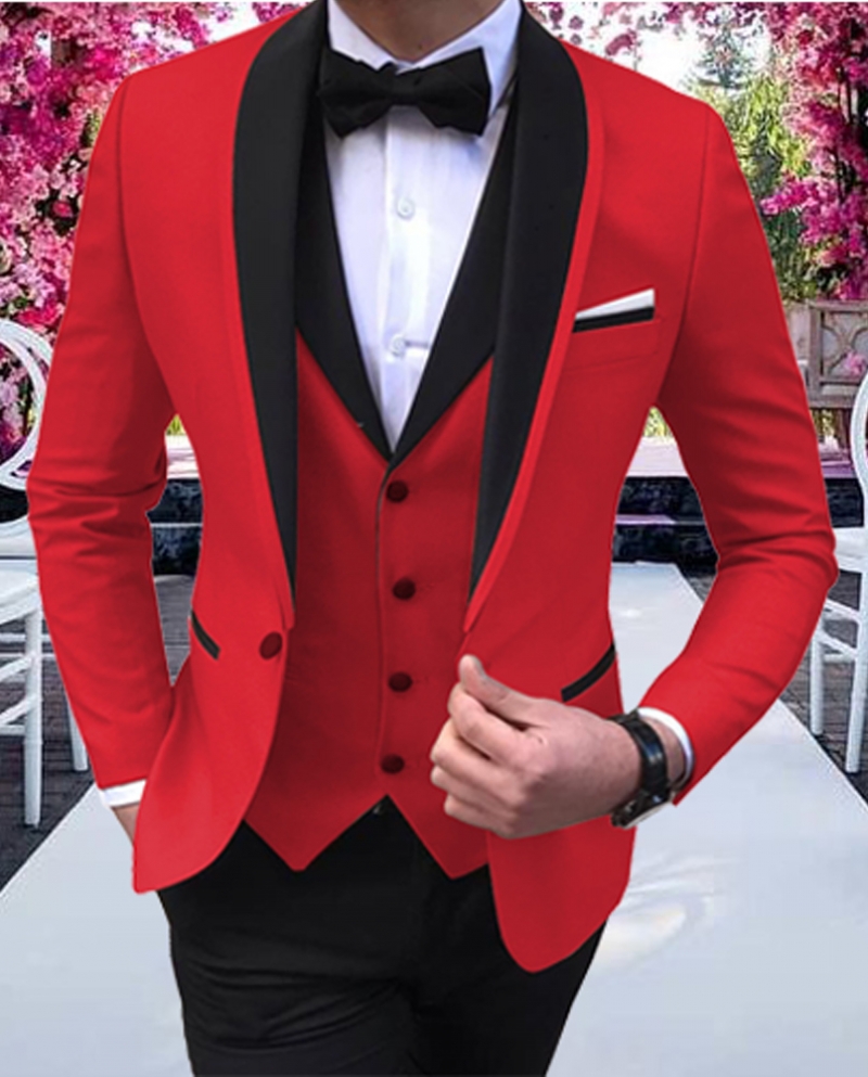 3 Pcs Red Mens Suits With Black Shawl Lapel Party Costume Slim Fit