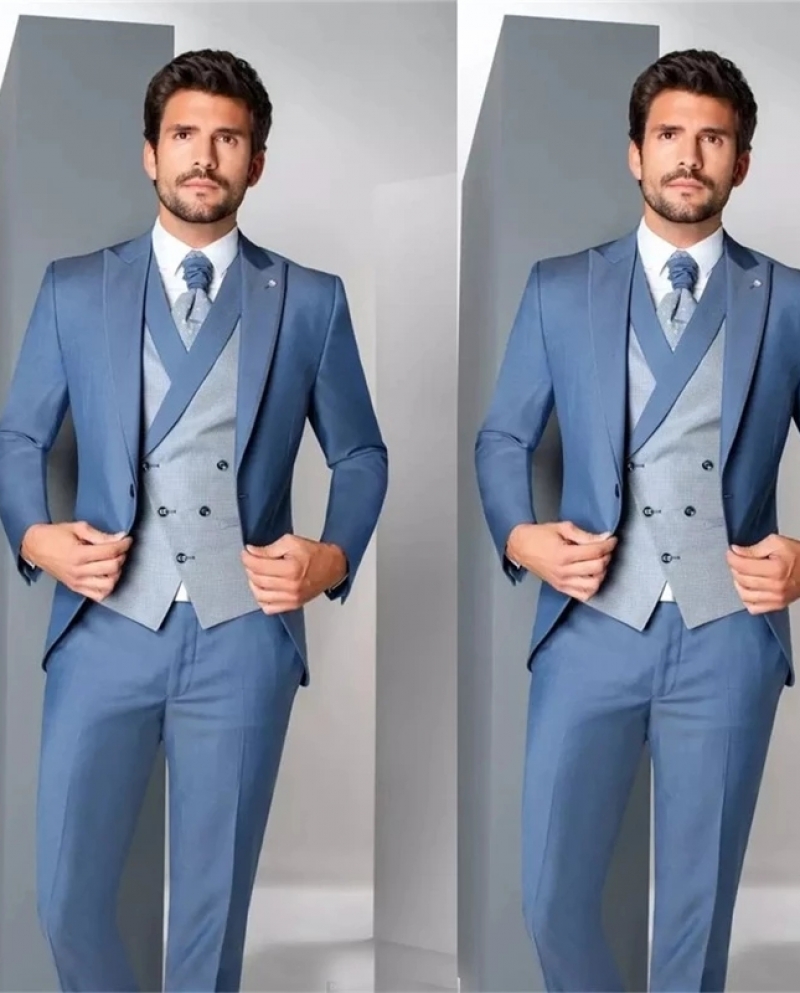 أحدث بدلة رجالية زرقاء رائعة 3 قطع زي أوم العريس حفلة موسيقية الزفاف السترة jacketpantsvest Terno Masculino Slim Fi