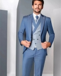 أحدث بدلة رجالية زرقاء رائعة 3 قطع زي أوم العريس حفلة موسيقية الزفاف السترة jacketpantsvest Terno Masculino Slim Fi