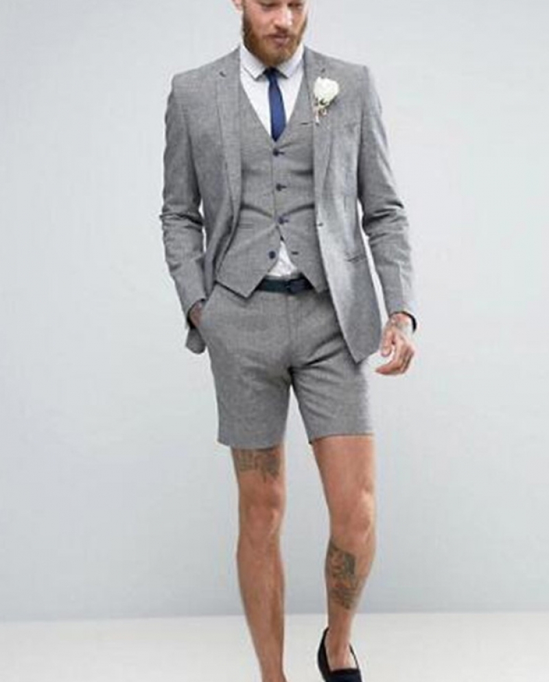 2022 Light Grey Shorts Summer Elegant Mens Suit jacket pantsvest Casual Groom Tuxedo Beach Wedding Suits Best Man B