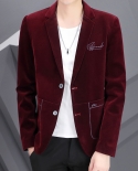 New Wine Red Mens Suit Jacket  Slim Personality Handsome Small Suit Corduroy Coat Fashion Single Breasted Solid Blazers