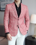 Plyesxale  Spring Autumn Mens Casual Blazer Jacket Slim Fit Blazer Homme Fashion Brand Clothing Khaki White Pink Blue