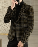 Mens Blazer Autumn Winter New Crystal Velvet Thickened Suit Jacket Mens Young Handsome Plaid Coat Business Casual Men 