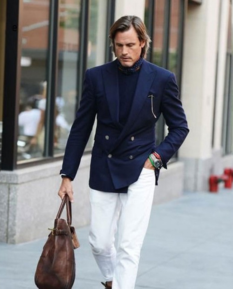 Blazer azul marino con doble botonadura para hombre, pantalones blancos,  ajustados, de calle, elegantes, informales, trajes de n