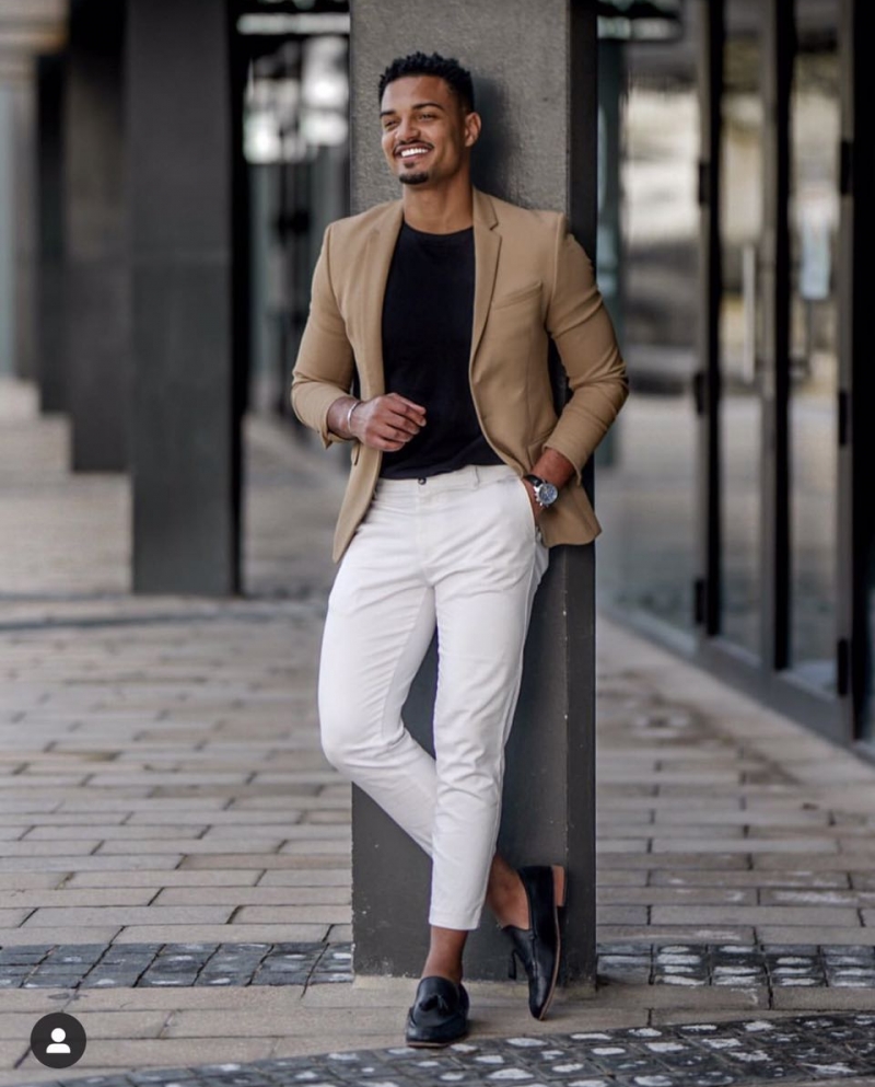 Khaki Jacket White Pant Costume Homme Slim Fit Men Suits Wedding