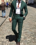 أحدث تصميم طية صدر السترة باللون الأخضر الداكن مع زر واحد بدلة رجالية بمقاس ضيق من قطعتين Costum Homme Groom Tuxedos Terno Mas