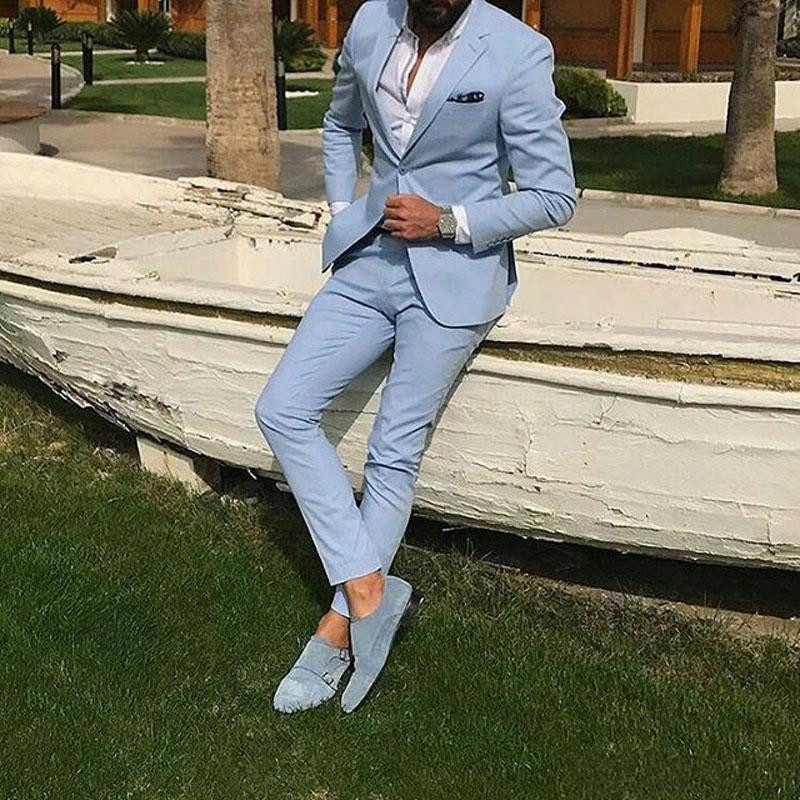 US 73.98 Light Sky Blue Slim Fit Mens Prom Suits Notched Lapel Groomsmen Beach Wedding Tuxedos For Men Blazers 2 Pieces jacketp Description