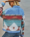 Geometric Pattern Cropped Denim Panel Loose Womens Wool Jacket