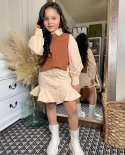 New Lapel Long Sleeve Ruffled Princess Dress and Knit Tank Top Two Piece