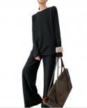 الكشمير محبوك أزياء عارضة ضئيلة سترة واسعة الساق السراويل مجموعة من قطعتين