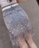 Summer Womens  Fashion Trendsetter Sequin Denim Skirt High Waist Elastic Embroidery Tassel Thin Wrap Hip Skirt
