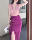 Elegant Office Lady High Waist Split Skirt Womens Clothing 2022 Summer Commuter Fashion Bandage Solid Color Bag Hip Ski
