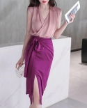 Elegant Office Lady High Waist Split Skirt Womens Clothing 2022 Summer Commuter Fashion Bandage Solid Color Bag Hip Ski