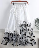 Summer New Ladies Style Casual Elegant Mesh Flower Stamen Aline Skirt Flocking Irregular Stitching Pleated Party Shaggy 