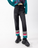 Womens High-waisted Straight-leg Pants Checkerboard Stitching Contrast Color Jeans