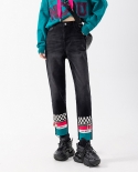 Pantalones de pierna recta de talle alto para mujer Pantalones vaqueros de color de contraste con costuras de tablero de ajedrez