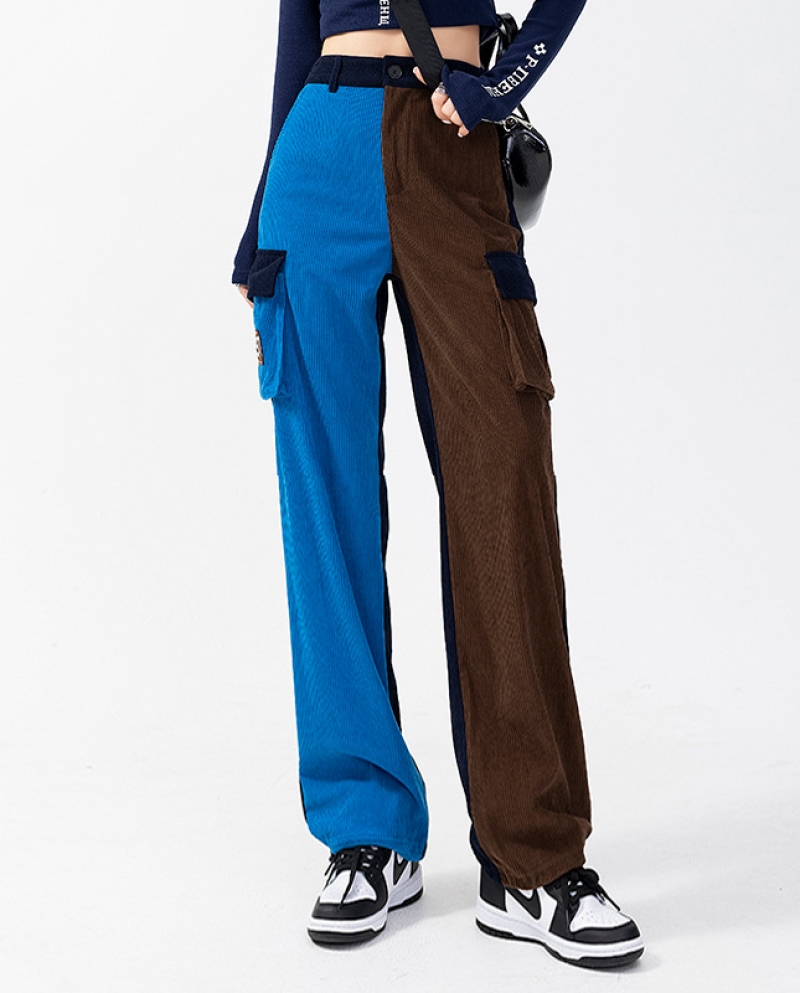 Womens Fashion Corduroy Pants New Style Contrast Color Loose Multi-pocket Slacks
