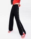 Women New Style Slit Design Wide Leg Jeans Elastic High Waist Thin Mopping Pants
