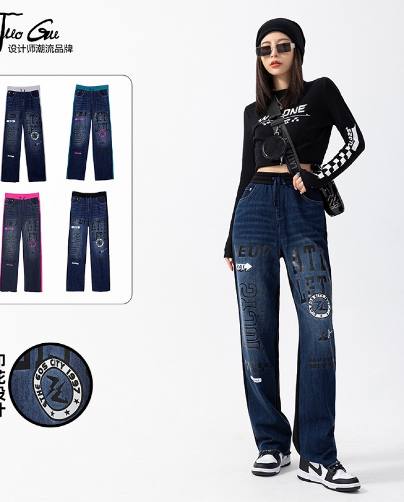 Pantalones largos de mezclilla con costuras de estilo nuevo para mujer con un sentido del contraste de color