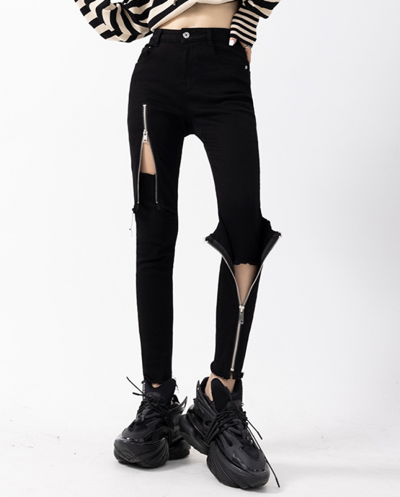 Pantalones vaqueros negros elásticos finos para mujer diseño sentido cremallera hueco cintura alta pies pequeños pantalones de c
