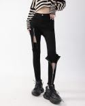 Black Jeans Stretchy Thin Womens Design Sense Zipper Hollow High Waist Small Feet Hip Pants