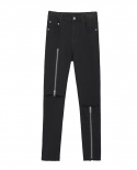 بنطال جينز أسود رفيع قابل للتمدد بتصميم نسائي سحاب مجوف بخصر عالٍ وأقدام صغيرة على الورك