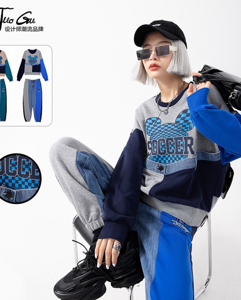 Womens Clothing New Early Autumn Loose Sweater Suits Contrast Color Sports Sweatpants Two Piece Set