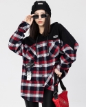 Womens Clothing New Style Brushed Plaid Shirt Paneled Hooded Jacket
