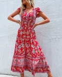 Summer New Womens V-neck Slim Slit Red Dress