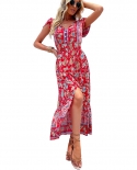Summer New Womens V-neck Slim Slit Red Dress